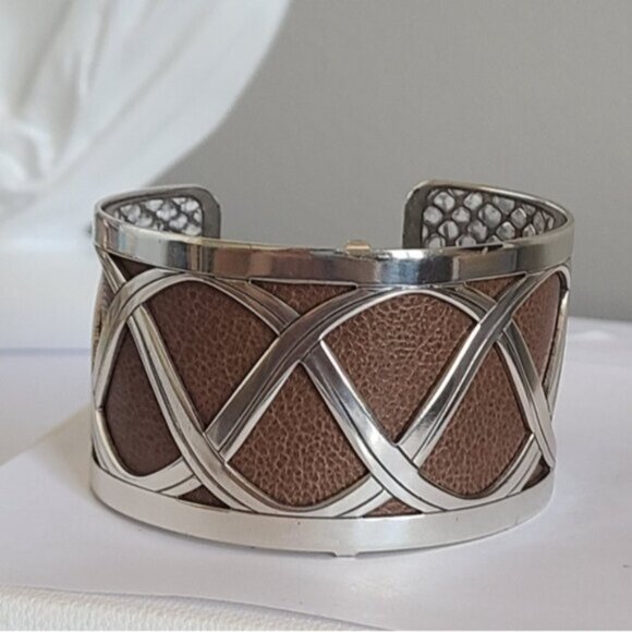 Vintage Brighton Boho Western Wide Chunky Leather Silver Tone Open Cuff Bracelet - Picture 2 of 15